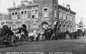 Horse drawn mail coaches at the Post Office, Hastings