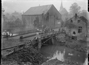 Scene at Briastre, France, showing a bridge constructed by World War I New Zealand Engineers