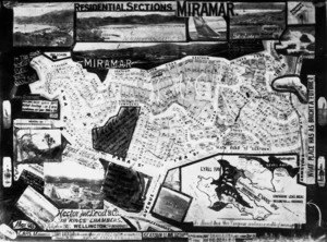Photograph of a map advertising residental sections in the suburb of Miramar, Wellington