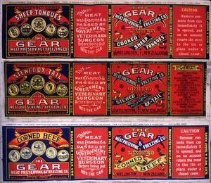 Gear Meat Company :[Three labels for Cooked sheep tongues; Stewed ox-tail; and, Corned beef]. Gear Meat Preserving & Freezing Company of New Zealand, Wellington New Zealand. [1890-1920].