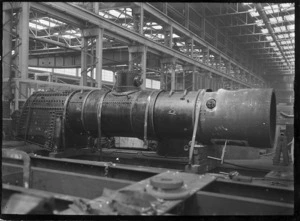 View of the boiler for C class 2-6-2 steam locomotive, New Zealand Railways no 851, under construction at Hutt Railway Workshops, Woburn.