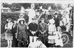 Group in fancy dress during an event to mark the end of World War 1, Manaia