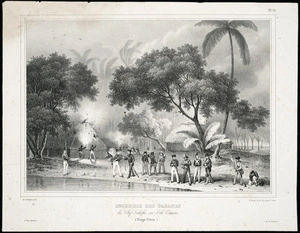 Sainson, Louis Auguste de, b 1800 :Incendie des cabanes du chef Tahofa, sur l'ile Oneata (Tonga-Tabou). Pl[ate] 91. De Sainson pinx; H Vander Burch lith; fig. par V Adam. J Tastu editeur; lith de Lemercier [1833?]