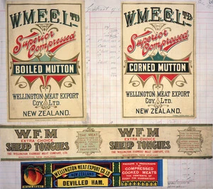 Wellington Meat Export Company Ltd :[Three labels for Boiled mutton; Corned mutton; Devilled ham; and Wellington Farmers' Meat Company Ltd. [Label for] Sheep tongues. 1890-1920].