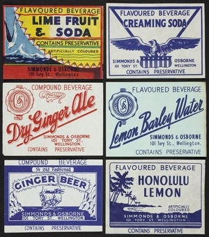 Simmonds & Osborne (Firm) :[Labels for soft drink bottles. 1930s?]