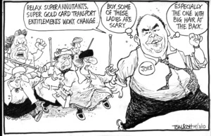 "Relax superannuitants, super gold card transport entitlements won't change." "Boy, some of these ladies are scary. Especially the one with big hair at the back." 19 March 2010