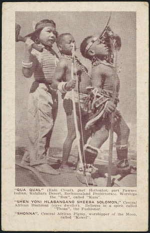 Postcard. "Qua Qual", "Shen Yoni Hlabangano Sheeba Solomon", [and] "Shonna". [ca 1950].