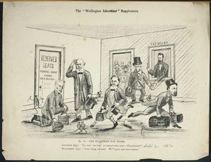[Hutchison, William] 1820-1905 :The Stampede for home. No. 52. Atkinson (loq) 'Too late! Too late! ye cannot enter now - Cheque mate?'. Macandrew (loq) 'Come along old man. We'll get a seat next session.' 18 September 1882