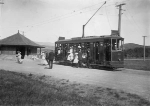 Passengers alighting from tram at Seatoun terminus, Wellington