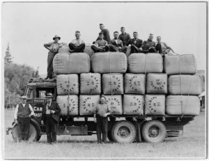 Truck loaded with wool bales from Matahiwi Station, Masterton region - Photographer identified