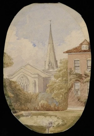 Kinder, Sarah, 1827-1888 :Uttoxeter Church from vicarage garden. [ca 1850]