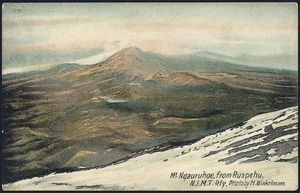 Postcard. Mt Ngauruhoe, from Ruapehu, N.I.M.T Rly. Photo by H Winkelmann. F T series no. 1179. Printed in England
