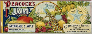 G Peacock (Firm, Dunedin) :Peacock's jam, Greengage & apple. Made in New Zealand, solderless sanitary safe can. Contents not less than 28 ozs net. [ca 1890-1920].
