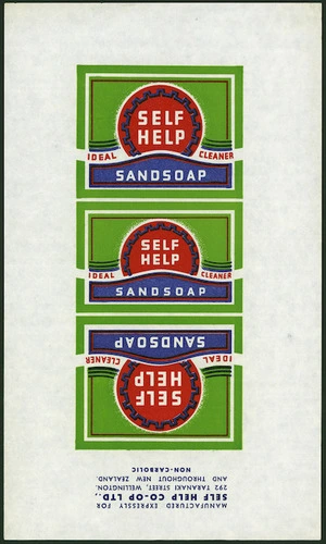 Self Help Co-Op Ltd :Self Help sandsoap; ideal cleaner. Manufactured expressly for Self Help Co-Op Ltd, 292 Taranaki Street, Wellington and throughout New Zealand. Non-carbolic. [1940s?]