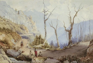 Chevalier, Nicholas, 1828-1902 :[Rimutaka Hill Road with Maori and a horseman. November 1868]
