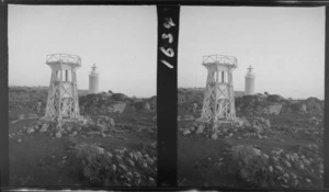 Lighthouses, Cape Foulwind, Buller District, showing wooden foundations of hexagonal wooden tower, and cylindrical concrete lighthouse