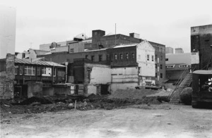 Demolition site and view of buildings on Courtenay Place, Wellington