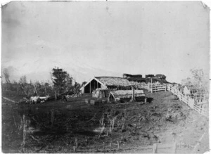 Scene with Maori meeting house, Mount Taranaki district