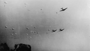 German Junkers Ju-52 aircraft dropping paratroopers in Crete during World War II