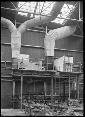 Petone Railway Workshops. Interior view with new heating apparatus, 1929.