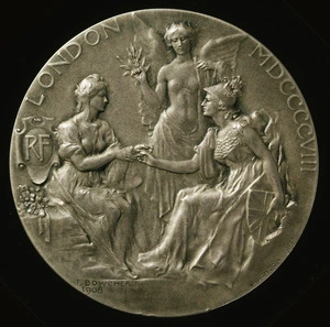 P Vaughton & Sons (Birmingham) :[Silver medal for violin & case, awarded at Franco-British Exhibition, London, 1908. Obverse].