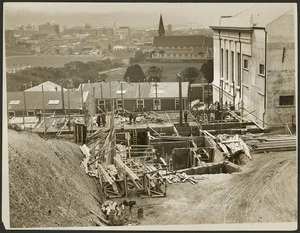View of the Memorial Hall and classroom wing under construction, Wellington College, Wellington City, New Zealand