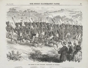 [Robley, Horatio Gordon], 1840-1930 :The rising in New Zealand; war-dance of Maories. The penny illustrated paper. Jan. 30, 1869, [page] 77.