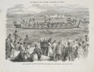 Artist unknown :New Zealand natives competing for prizes in war canoes - see next page. The penny illustrated paper. Jan. 30, 1869, [page] 77.