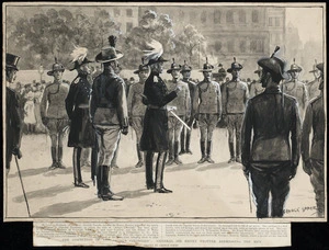 Soper, George, 1870-1942 :The inspection of the "King's Colonials"; General Sir Henry Trotter addressing his men; drawn by George Soper. May 3 / [19]02.