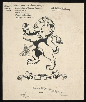 "Florian" Art :Sketch design for Mr Booth, Motere Station, Waipawa, 20.3.35 / "Florian" Art., Hastings. 'Vae victis'. [With notes on amendments, 10/4/35]