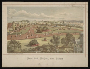 Watkins, Kennett, 1847-1933 :Albert Park, Auckland, New Zealand, from a painting by K Watkins. Litho. at the N.Z. Graphic and Star Printing Works, 1894.