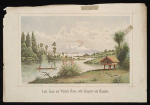 Ryan, Thomas, 1864-1927 :Lake Taupo and Waikato River, with Tongariro and Ruapehu. Litho. at the N.Z. Graphic and Star Printing Works, from a painting by T Ryan [1893]