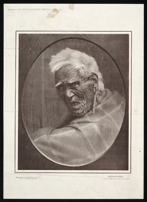 Goldie, Charles Frederick, 1870-1947 :Aperahama, a Maori chieftain, aged 104 years. Reproduced by kind permission of the artist Mr C F Goldie, Auckland. Supplement to "The New Zealand graphic", Christmas number, 1909.