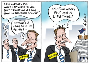 "Back already Phil... what happened to all that 'spending a long time on the back bench?" "A week's a long time in politics... and five weeks felt like a lifetime!" 3 April 2010