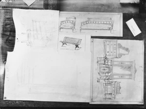 Photograph of drawings of furniture and pages from unidentified furniture pattern books or catalogues