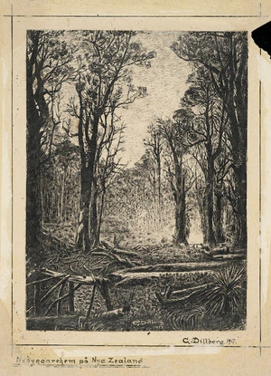Dillberg, Gustaf, 1858-1934 :New Zealand 1884. Settlers clearing bushland - 70 Miles Bush, North Island. 1917