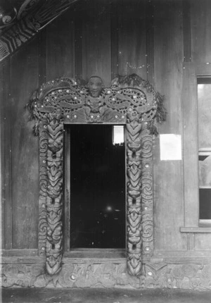 Carved doorway, meeting house, Mourea Pa, Lake Rotoiti