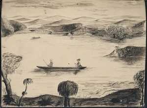 Carbery, Andrew Thomas H 1836-1870 :[Carbery hunting from a canoe on the Waikato River near Meremere, 1864?]