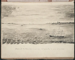 Carbery, Andrew Thomas H 1836-1870 :(Melbourne) Port Phillip Heads looking seaward. Ship "Golden Sea" at anchor, 4 March 1866.