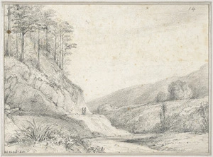 Swainson, William 1789-1855 :[River at the foot of a slope, figures on track above it, Upper Hutt]. 26 Oct. 1847.