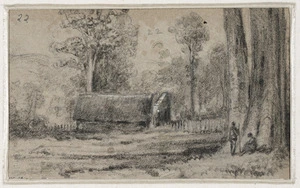 Swainson, William, 1789-1855 :[Cottage, trees nearby, figures in foreground, Hutt Forest] 1845 [?]