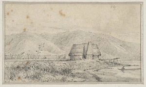 Swainson, William, 1789-1855 :[Thatched cottage and pa beside the sea, Petone Beach, ca 1845]