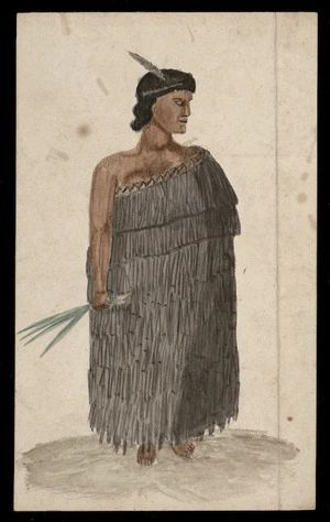 [Merrett, Joseph Jenner], 1815-1854 :[Maori woman holding flax. ca 1845?]