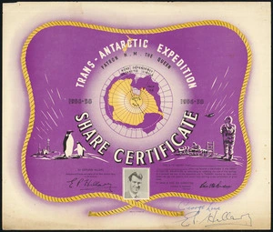 Trans-Antarctic Expedition (1955-1958) :Trans-Antarctic Expedition, patron H.M. the Queen. Share certificate 1956-58 [five shillings - purple and yellow]. Offset by C M Banks Ltd [1956?]