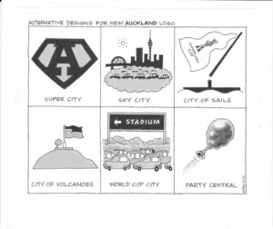Alternative designs for new Auckland logo - Super City, Sky City, City of Sails, City of Volcanoes, World Cup City, Party Central. 1 May 2010