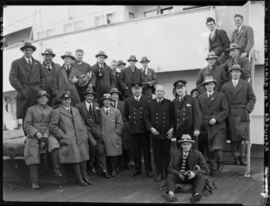 All Blacks, New Zealand representative rugby union team, in travelling uniform, boarding ship, Remuera