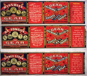 Gear Meat Company :[Three labels for Cooked rissoles; Cooked ox tongues; and, Stewed steak]. Gear Meat Preserving & Freezing Company of New Zealand, Wellington New Zealand. [1890-1920].
