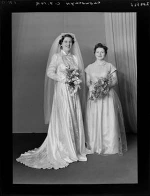 Unidentified bride and bridesmaid, Llewellyn family wedding