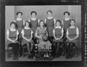 Onslow College, Wellington, girls' intermediate B basketball team, with trophies, 1953