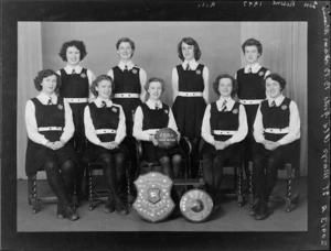 St Mary's Old Girls' senior reserve basketball team of 1953, with shields